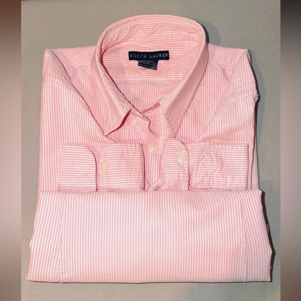 Ralph Lauren Women’s Pink/White Striped Oxford Slim Fit Button Down Shirt - Sz 0 - Picture 3 of 5